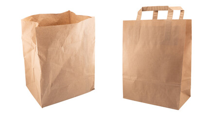 Two yellow empty blank disposable paper fast food tray isolated on white background. Paper bag isolated. Paper package