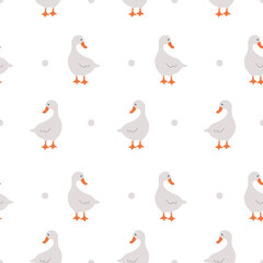 Seamless pattern with cute gooses. Domestic and wild ducks on white background. Hand drawn print. Perfect for fabric, package paper, wallpaper, postcards. Vector illustration in flat cartoon style.