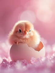 Cute small chick sitting in cracked eggshell. Soft pastel pink background. Easter greeting card or invitation. Springtime vertical poster. AI Generated