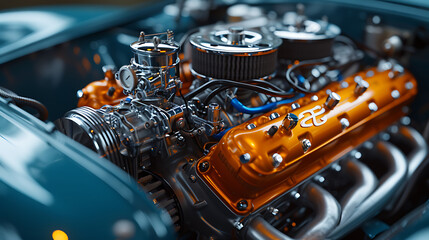 close up of car engine with insanely extreme texture details and every object is extremely detailed