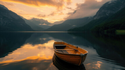 Solitary boat on a lake with a background of mountains in the distance at sunset