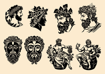 Bacchus / Dionysus - Greek god of wine-making, festivity, insanity, ritual madness, religious ecstasy, and theatre. Vector pack of 8 different representations of the Bacchus / Dionysus.