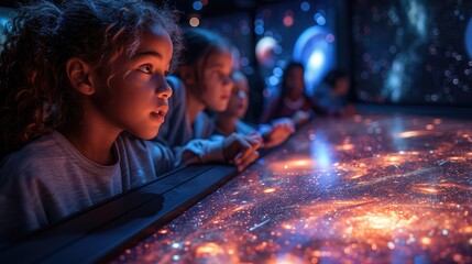 Young Child Mesmerized by Cosmic Exhibit at Modern Museum. - obrazy, fototapety, plakaty