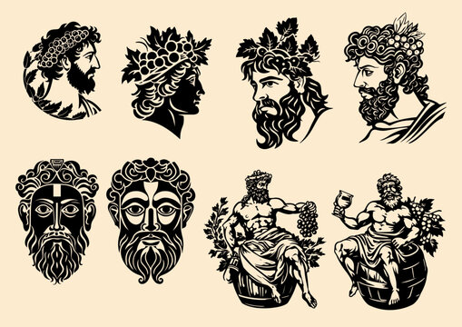 Bacchus / Dionysus - Greek god of wine-making, festivity, insanity, ritual madness, religious ecstasy, and theatre. Vector pack of 8 different representations of the Bacchus / Dionysus.