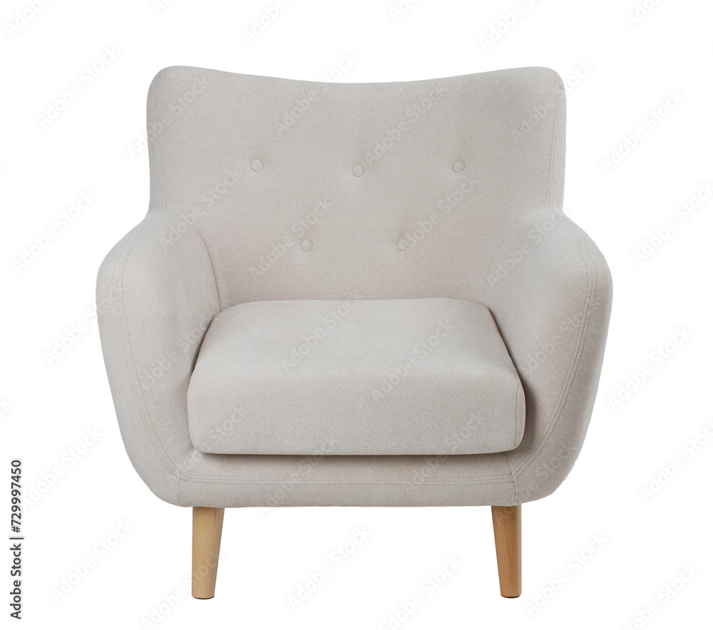 Wall mural wide upholstered armchair with fabric upholstery on wooden legs in retro style, isolated on a white background