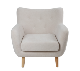 wide upholstered armchair with fabric upholstery on wooden legs in retro style, isolated on a white background