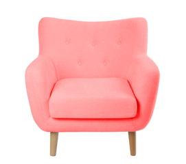wide upholstered armchair with fabric upholstery on wooden legs in retro style, isolated on a white background