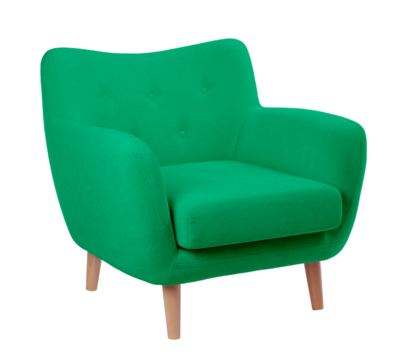 wide upholstered armchair with fabric upholstery on wooden legs in retro style, isolated on a white background
