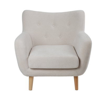 wide upholstered armchair with fabric upholstery on wooden legs in retro style, isolated on a white background