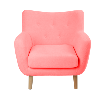 wide upholstered armchair with fabric upholstery on wooden legs in retro style, isolated on a white background