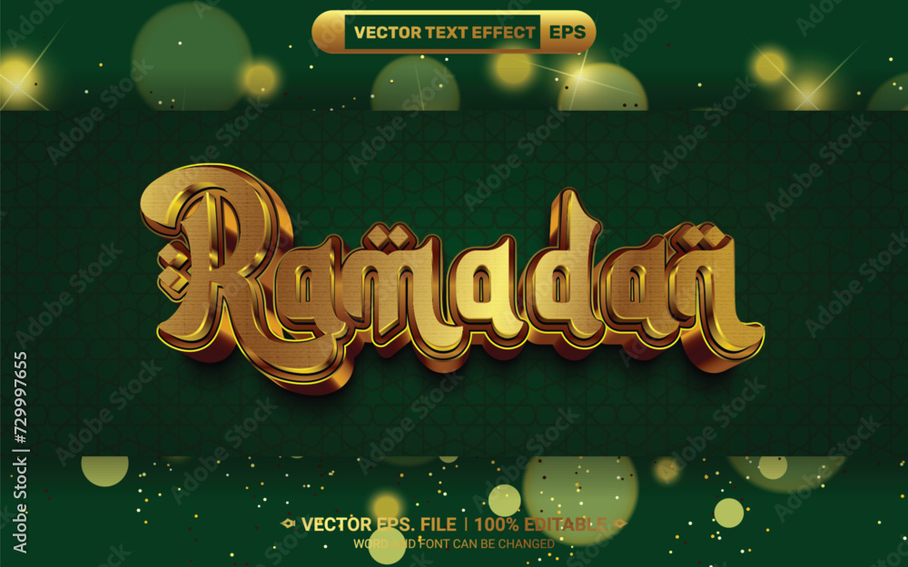 Poster Ramadan kareem shiny gold text effect vector with islamic pattern and bokeh light effect on green background