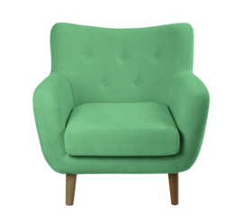 wide upholstered armchair with fabric upholstery on wooden legs in retro style, isolated on a white background