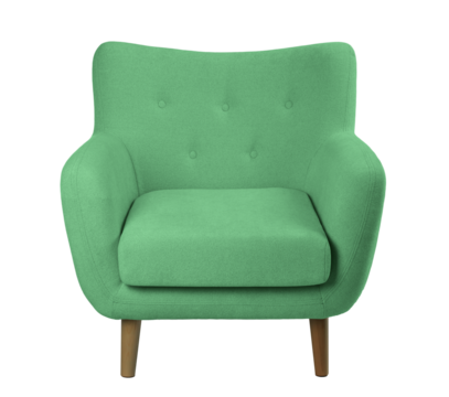 wide upholstered armchair with fabric upholstery on wooden legs in retro style, isolated on a white background