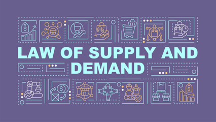 Supply demand analysis purple word concept. Customers tastes, preferences. Typography banner. Flat design. Vector illustration with title text, editable line icons. Ready to use. Arial Black font used