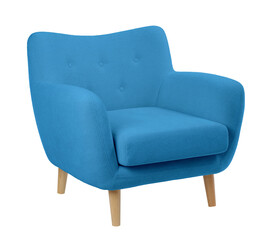 wide upholstered armchair with fabric upholstery on wooden legs in retro style, isolated on a white background