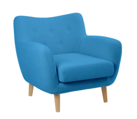wide upholstered armchair with fabric upholstery on wooden legs in retro style, isolated on a white background