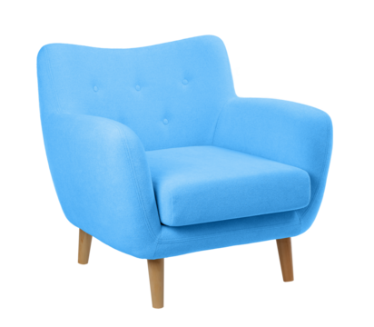wide upholstered armchair with fabric upholstery on wooden legs in retro style, isolated on a white background