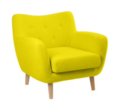 wide upholstered armchair with fabric upholstery on wooden legs in retro style, isolated on a white background