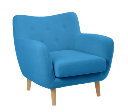 wide upholstered armchair with fabric upholstery on wooden legs in retro style, isolated on a white background