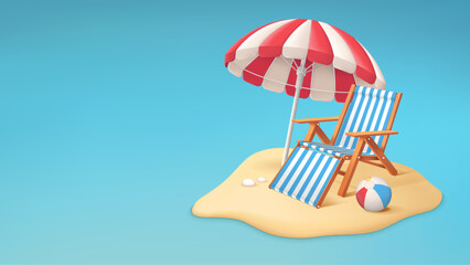 Realistic summer vacation or travel concept with beach chair, umbrella and ball. Tropical sand beach vector illustration 
