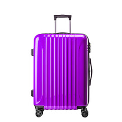 Fototapeta premium purple suitcases isolated on transparent background, Realistic luggage bag. Large suitcase with metal handle and wheels for vacation travel or business trip