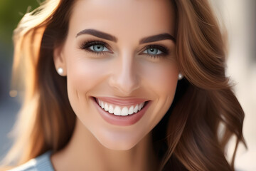 Obraz premium Beautiful Smiling Woman with Perfect Teeth and Blue Eyes. Close-up Portrait