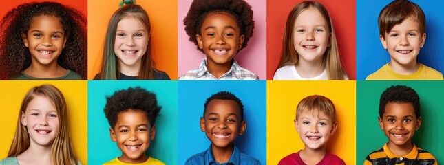 Diverse Group of Kids Smiling Against Colorful Backgrounds. - obrazy, fototapety, plakaty
