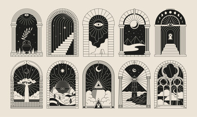 Boho frame arch vector illustration modern minimalistic retro aesthetic linear arc portal logo bohemian design element mystical geometric abstract border
