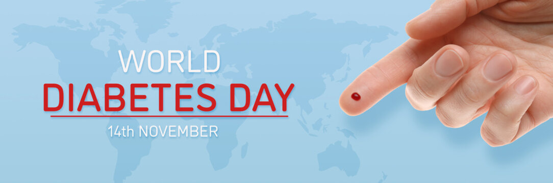 World Diabetes Day, banner design. Woman with pricked finger and blood drop, top view. Illustration of world map on light blue background