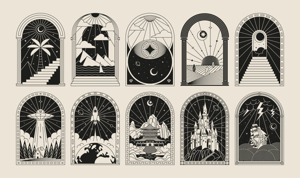 Boho frame arch vector illustration modern minimalistic retro aesthetic linear arc portal logo bohemian design element mystical geometric abstract border