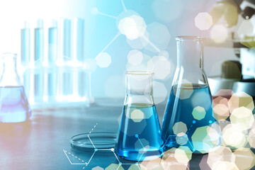 Different laboratory glassware on table indoors. Scientific discovery