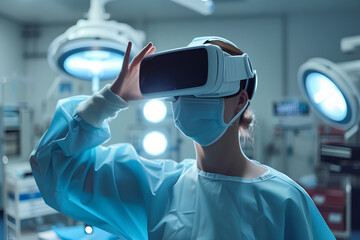 A side image of professional doctor wear VR glasses and protection suit in operation room, New innovative intelligence technology in modern hospital. Virtual reality glasses concept