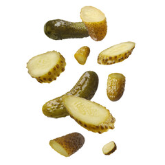 Tasty pickled cucumbers falling on white background