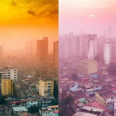 Double exposure of cityscapes at the moment of sunset and dawn with bright, contrasting shades with the dynamics and energy of city life. Concept: city life, event advertising