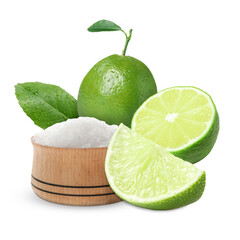 Limes and salt isolated on white. Margarita cocktail ingredients