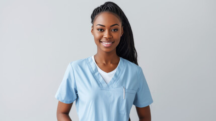 young female nurse wearing a blue scrub top, smiling and posing against a light-colored background.