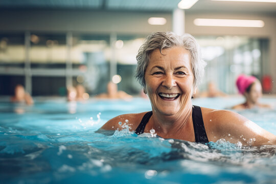 An older woman has fun doing aquagym in the pool.