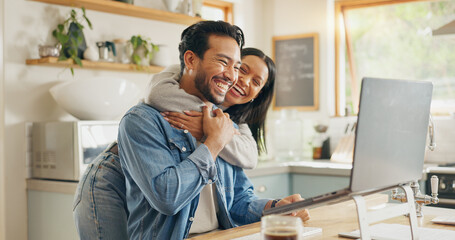 Kitchen, hug and couple with a tablet, love and internet connection with social media, home and speaking. Network, man and woman with a pc, talking and website information with romance and happiness