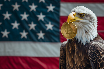 Bald eagle holding bitcoin shiner with USA flag on the background. Neural network generated image. Not based on any actual person or scene.