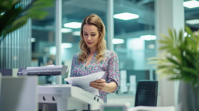 Young employee using modern printer in office - Powered by Adobe