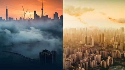 Obraz premium Double exposure of cityscapes at the moment of sunset and dawn with bright, contrasting shades with the dynamics and energy of city life. Concept: city life, event advertising