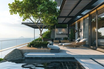 Exquisite Terrace: Modern Luxury Design with Pool, Rattan Furniture, and Picturesque View