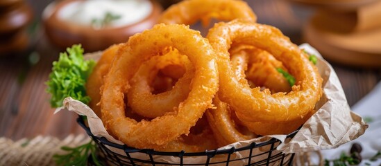 Onion rings served in a basket.