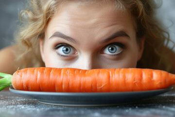 A person peering at a single carrot, Dieting and healthy eating - obrazy, fototapety, plakaty