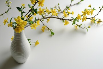 Japanese Style Vase and Yellow Flowers: Top View Still Life on White Background