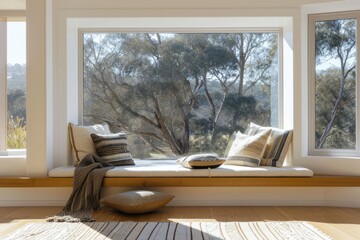Modern House Interior with Designer Window Seat and Cushion Upholstery