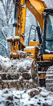 Winter Construction: Yellow Excavator Shoveling Snow