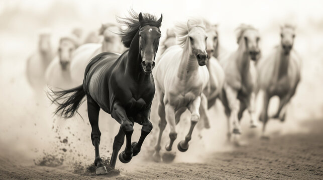 a dark horse, shiny black horse leads a herd of white horses, galloping in a cloud of dust against a dramatic sky