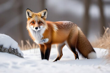 Fototapeta premium A majestic red fox stands in the snow, looking alert and curious.