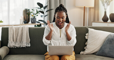 Black woman on sofa, surprise and celebration with laptop for remote work, social media or excited...